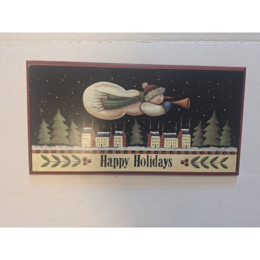Primitive Folk Art Snowman Blowing a Horn Happy Holidays Wood Plaque